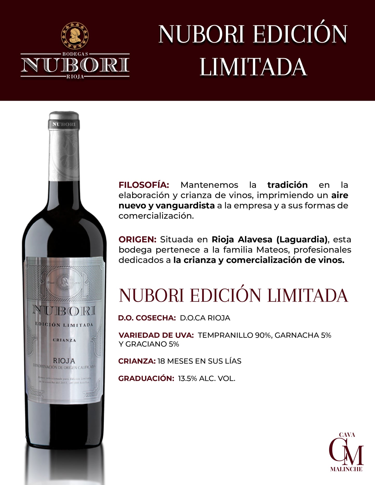 Vino Tinto Crianza Nubori Plata D.O.Ca Rioja Tempranillo 750ml
