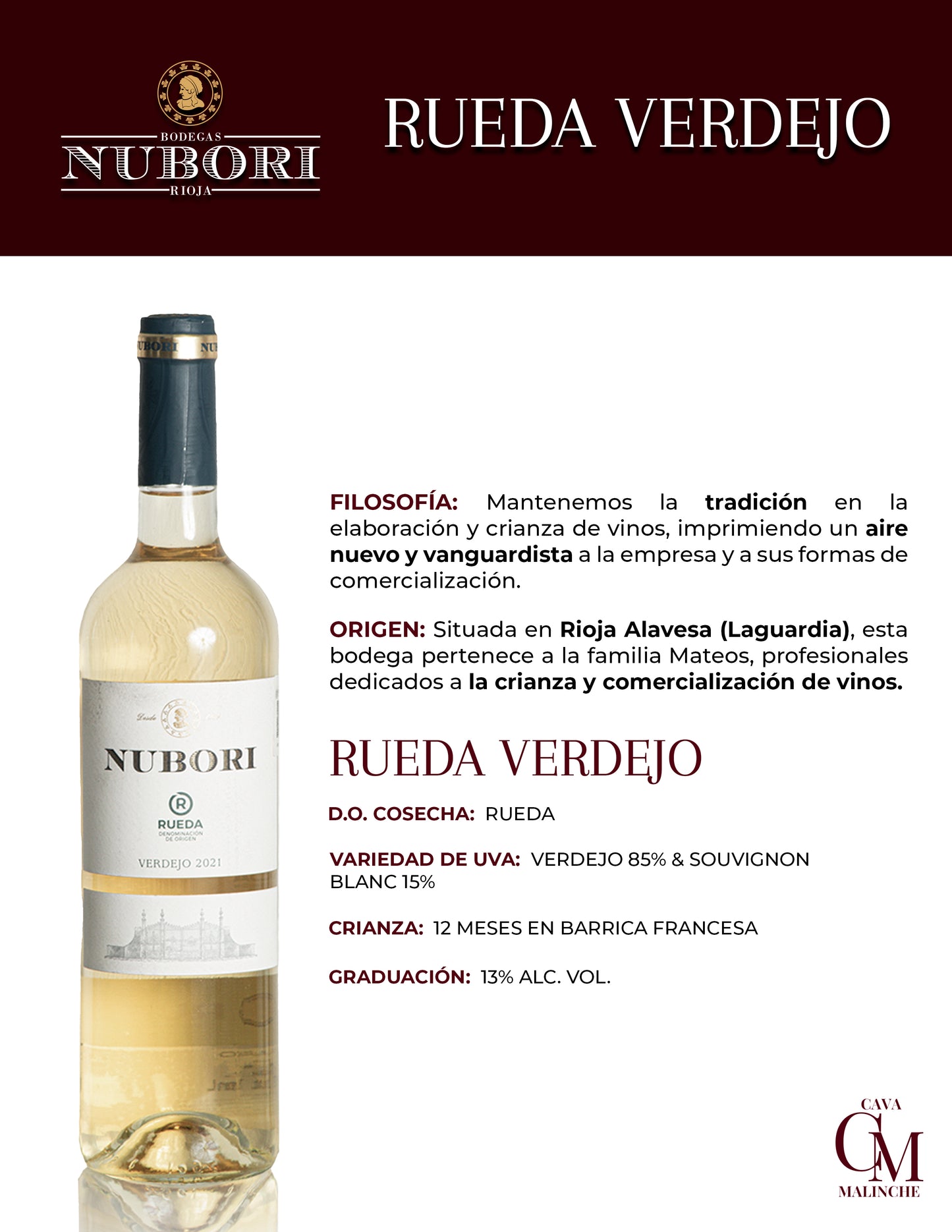 Vino blanco Nubori Rueda D.O. Rueda Verdejo 85% y Sauvignon Blanc 15% 750ml
